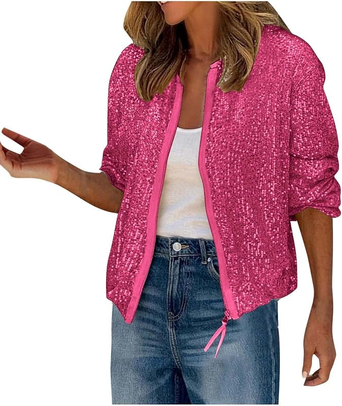campera bomber con lentejuelas para mujer Abrigo de manga larga con cremallera frontal brillante