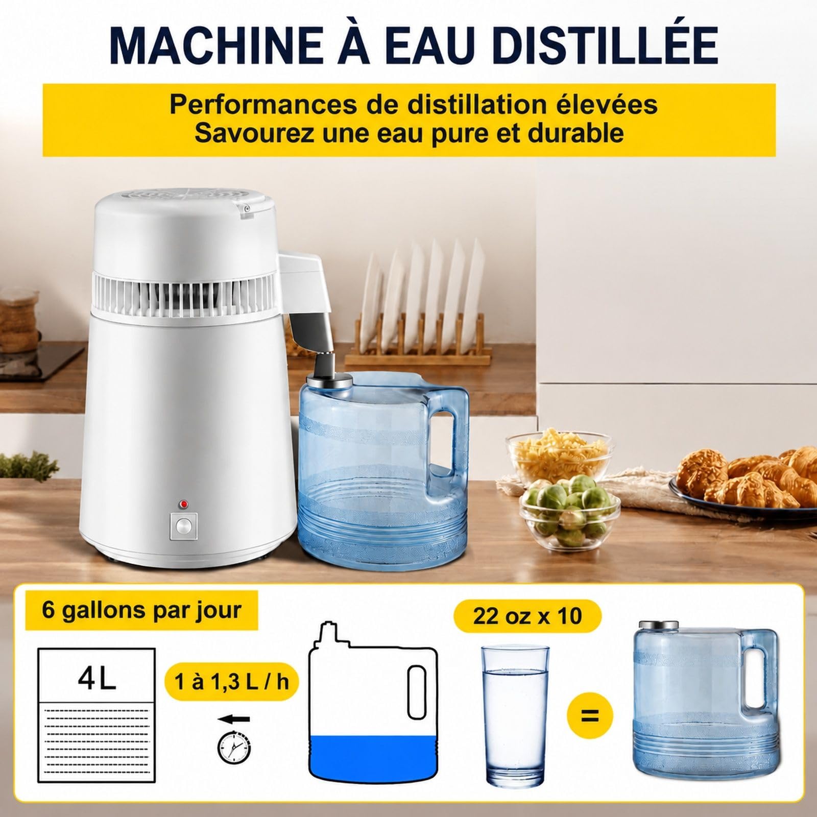 Distillateur d'eau 4 L avec cuve en acier inoxydable 304, puissance 750 W, débit de distillation 1,3 L/h et commande par interrupteur