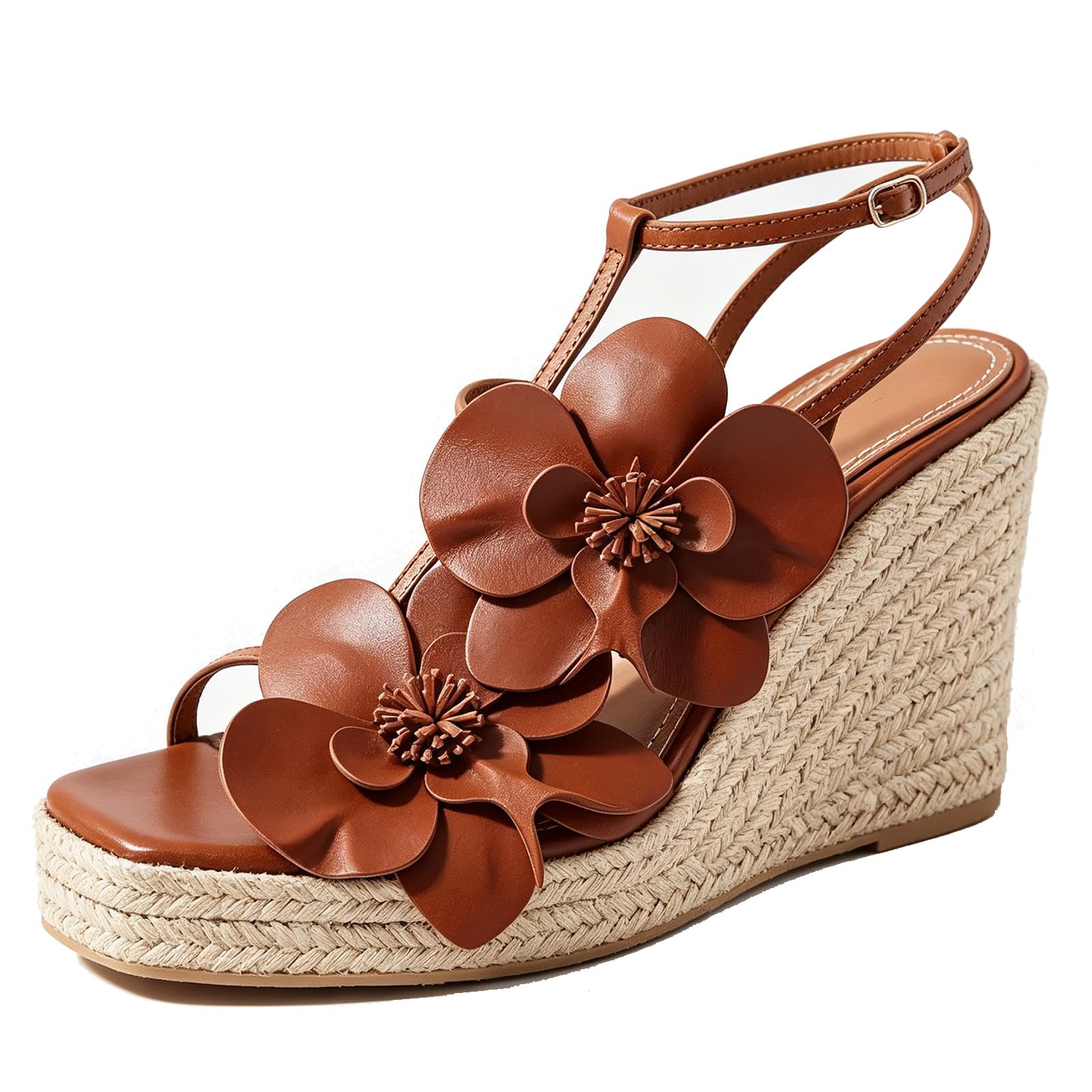 Sandalias de esparto con cuña mujer decoración floral tirante en T hebilla tobillo ajustable plataforma suela gruesa estilo boho playa vacaciones fiesta