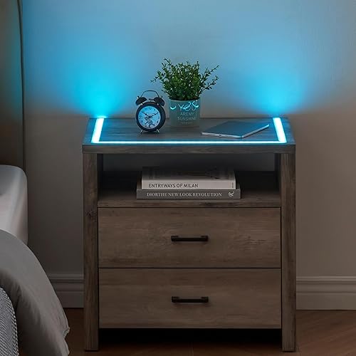 GAOMON Mesita de noche gris con luces LED, moderna mesita de noche con 2 cajones de almacenamiento y almacenamiento abierto, mesa auxiliar para