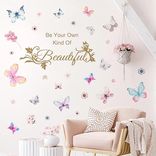 Miniatura 6 de Adhesivo de pared de mariposas coloridas, calcomanía de pared con palabras inglesas de mariposa Simplicity, decoración de pared con texto "Be Your