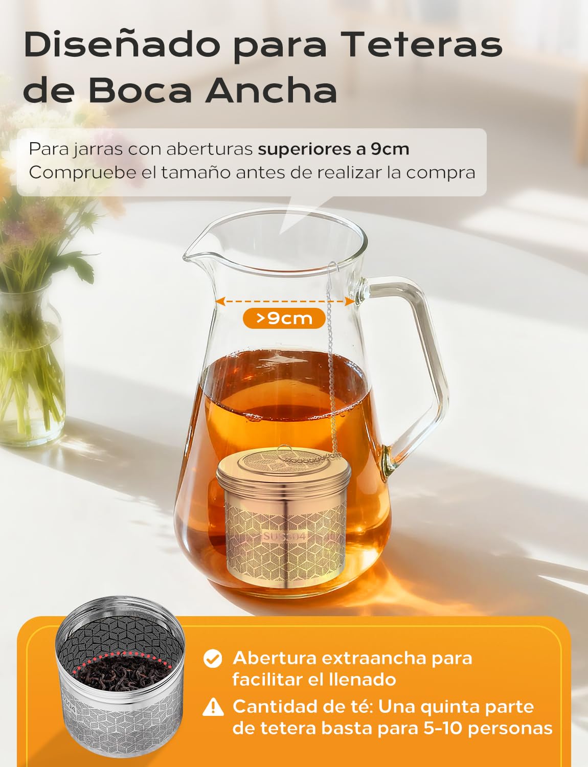 Yomanta Extra Grande Infusor De Te para Té Suelto y Especias, Infusionador Acero inoxidable 304, Con Cadena y Gancho, Colador De Especias con Malla Extrafina, Colador De Té Adecuado para Té