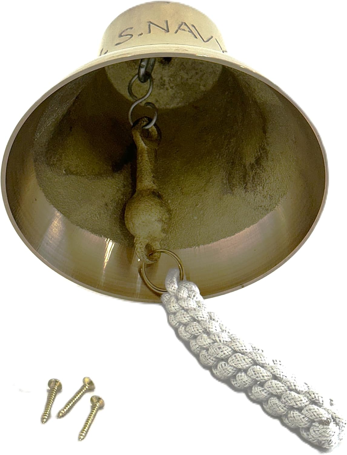 Gold Brass U.S. Navy Engraving 8-Inch Nautical Wall Mounted Bell with Knotted Lanyard – Solid Brass Ship Bell with Mounting Hardware – Maritime Decor for Home, Office, or Outdoor Use