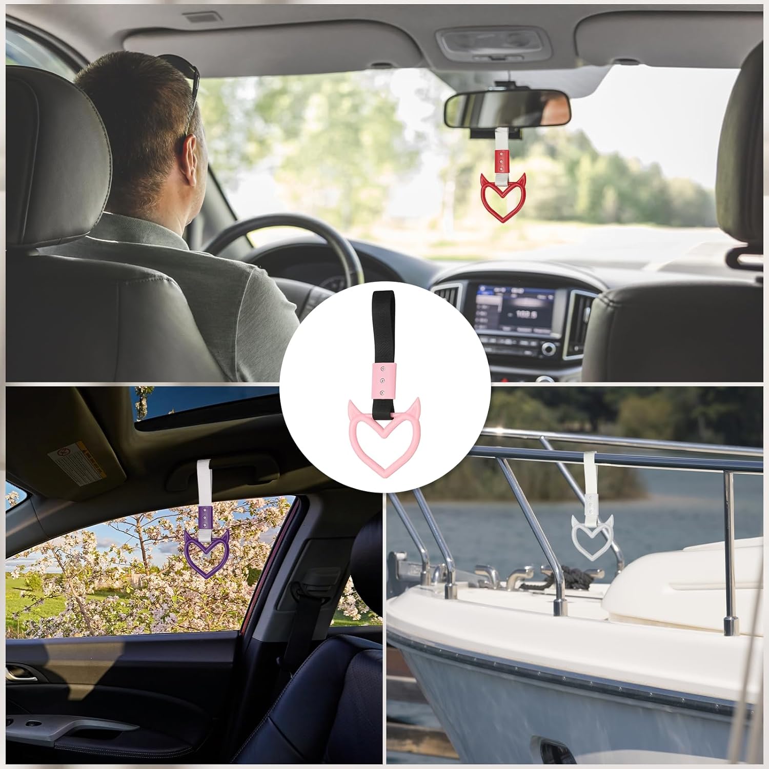 PATIKIL 4 Pcs Evil Heart Shaped Car Handle Straps, Car Hanging Accessories Bumper Warning Ring Drift Charm for Auto Bus Decor Interior Exterior Decoration, Pink (Black Strap)