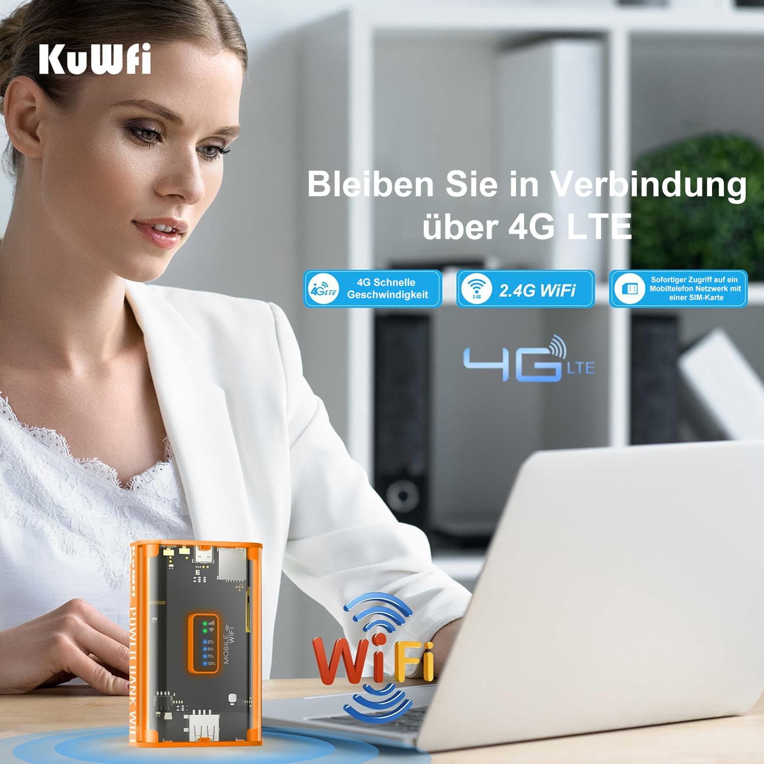 KuWFi Mobilny router 4G LTE WLAN (4G/LTE do 150 Mbit/s do pobrania / 50 Mbit/s upload, przenośny hotspot, akumulator 5200 mAh, kompatybilny ze wszystkimi europejskimi kartami SIM), Plug & Play, do