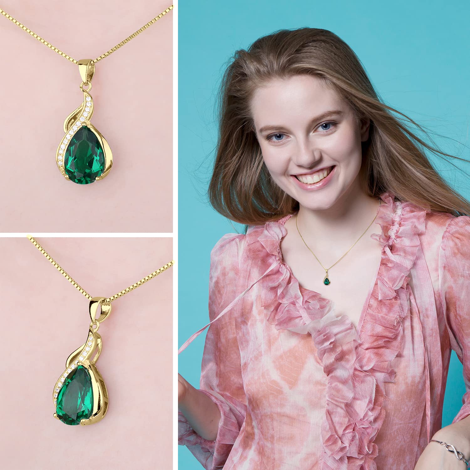 JewelryPalace 2.8ct Collana Donna Argento 925 con Simulato Smeraldo Verde, Goccia Collana Ciondolo Pietra a Taglio Pera con Catena 45cm, Collane Pendenti in Tre Ori Anniversario Set Gioielli Donna
