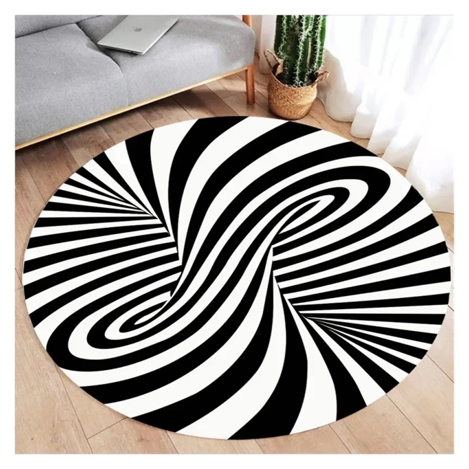 Tapis rond illusion d'optique vortex 150cm en peluche courte pour salon