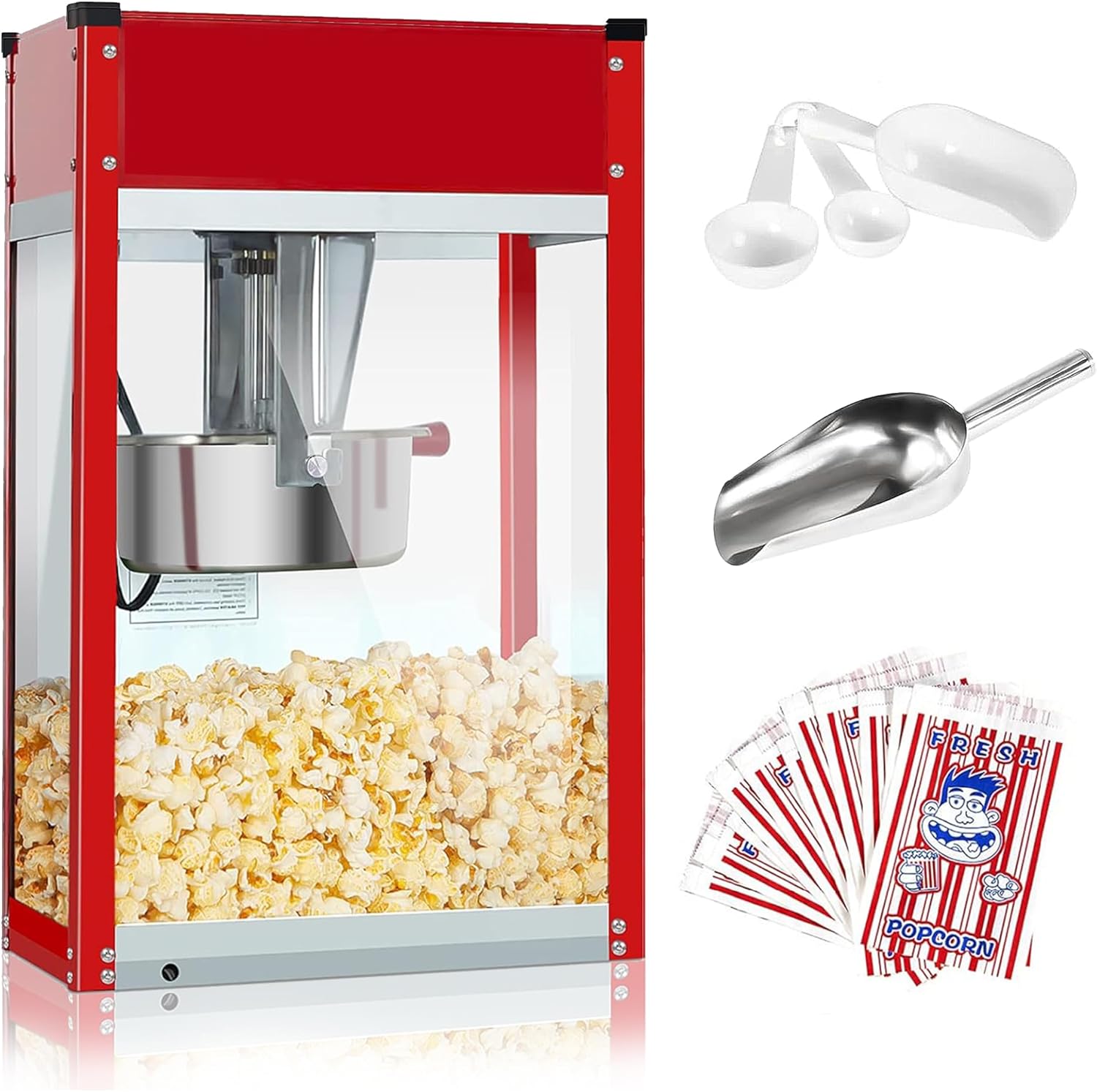 Popcorn Machine - Electric Popcorn Popper | Stainless Steel Kettle With Scoops, Bags & Cups | Countertop Machine, Theater Style | Ready in 5 Minutes | 750 W | Red, 8 oz (32 Cup Capacity)