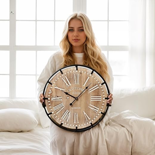 20 Inch Grand Farmhouse Wall Clock, Vintage Inspired Wood & Metal Design with Large Etched Numbers