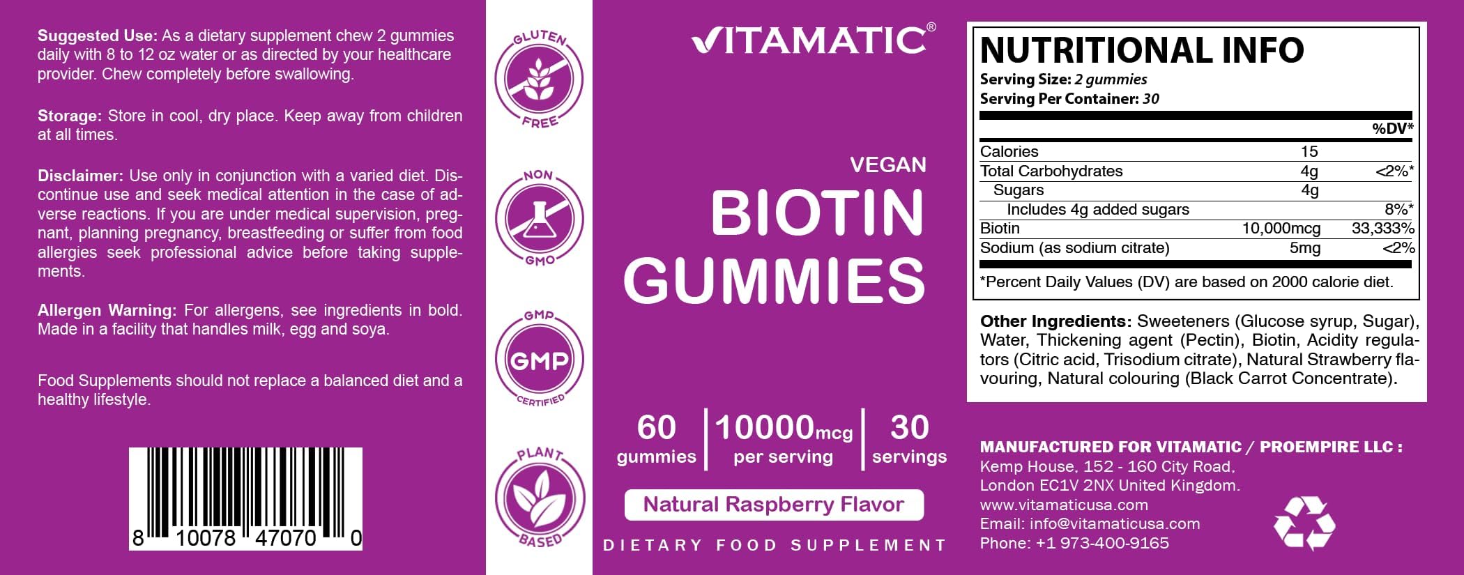 2 Pack - Vitamatic Biotin Gummies 10,000 mcg for Stronger Hair, Skin & Nails - 60 Vegan Gummies - Vitamin B7 (Total 120 Count)
