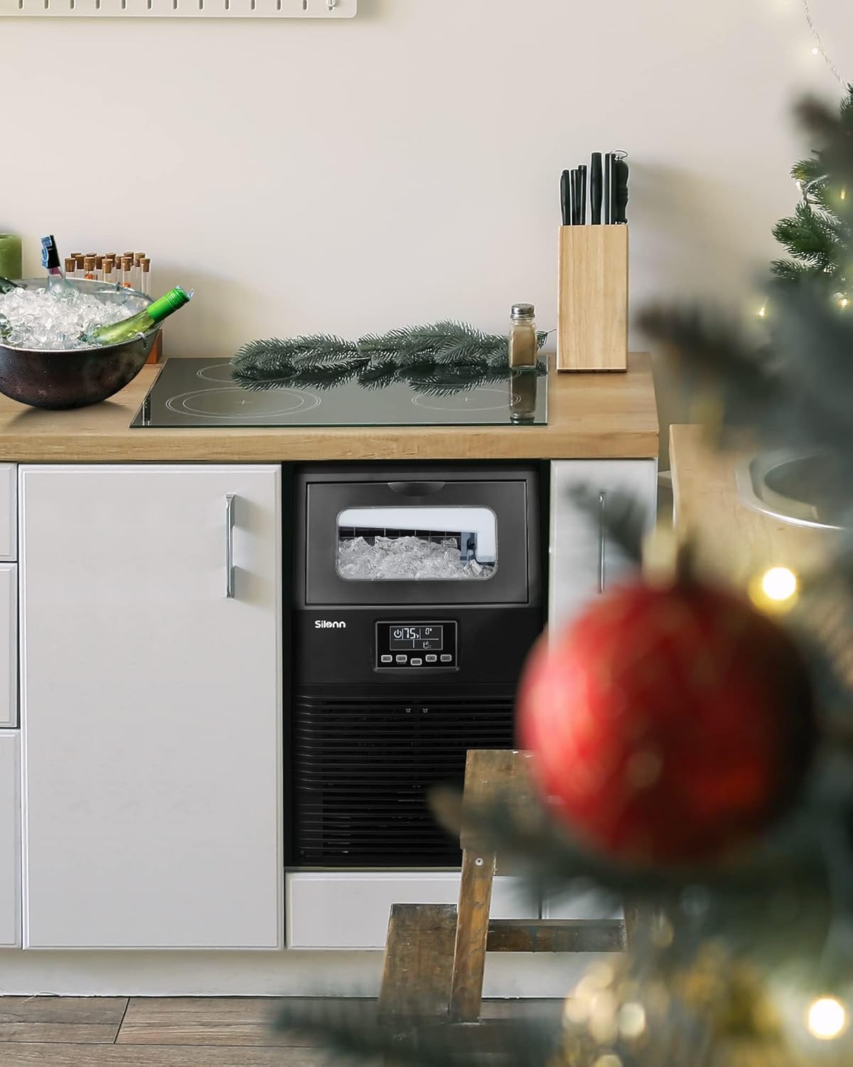 Silonn Commercial Ice Maker Machine, 84LBS/24H with 30lbs Bin, Full Heavy Duty Stainless Steel Construction, Self-Cleaning, Clear Cube for Home Bar, Include Scoop, Connection Hose