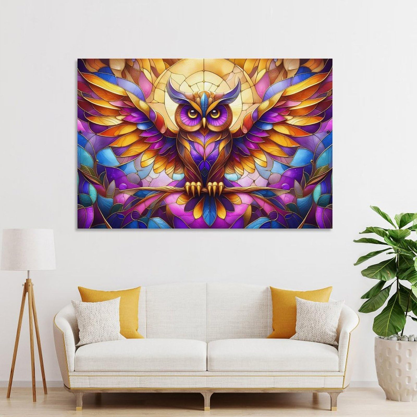 Junmoney Stained Glass Owl Wall Art Print 24x36inch(60x90cm), for Lounge, Study, Hallway Or Flat Walls, Decorative Artwork with Broad Appeal