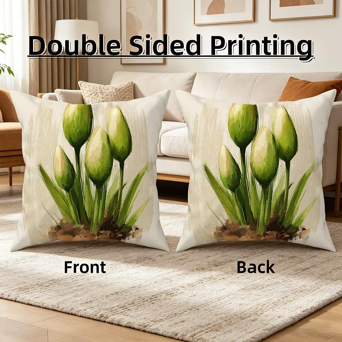 Federe Cuscino Divano 60x60 cm, Crema Cuscini per Divano da Esterno Set da 4, Lino Copricuscini Divanos Impermeabile, Copri Cuscini Pianta Motivo Fronte Retro Stampato per Giardino, Sofá, Balcón, G-17