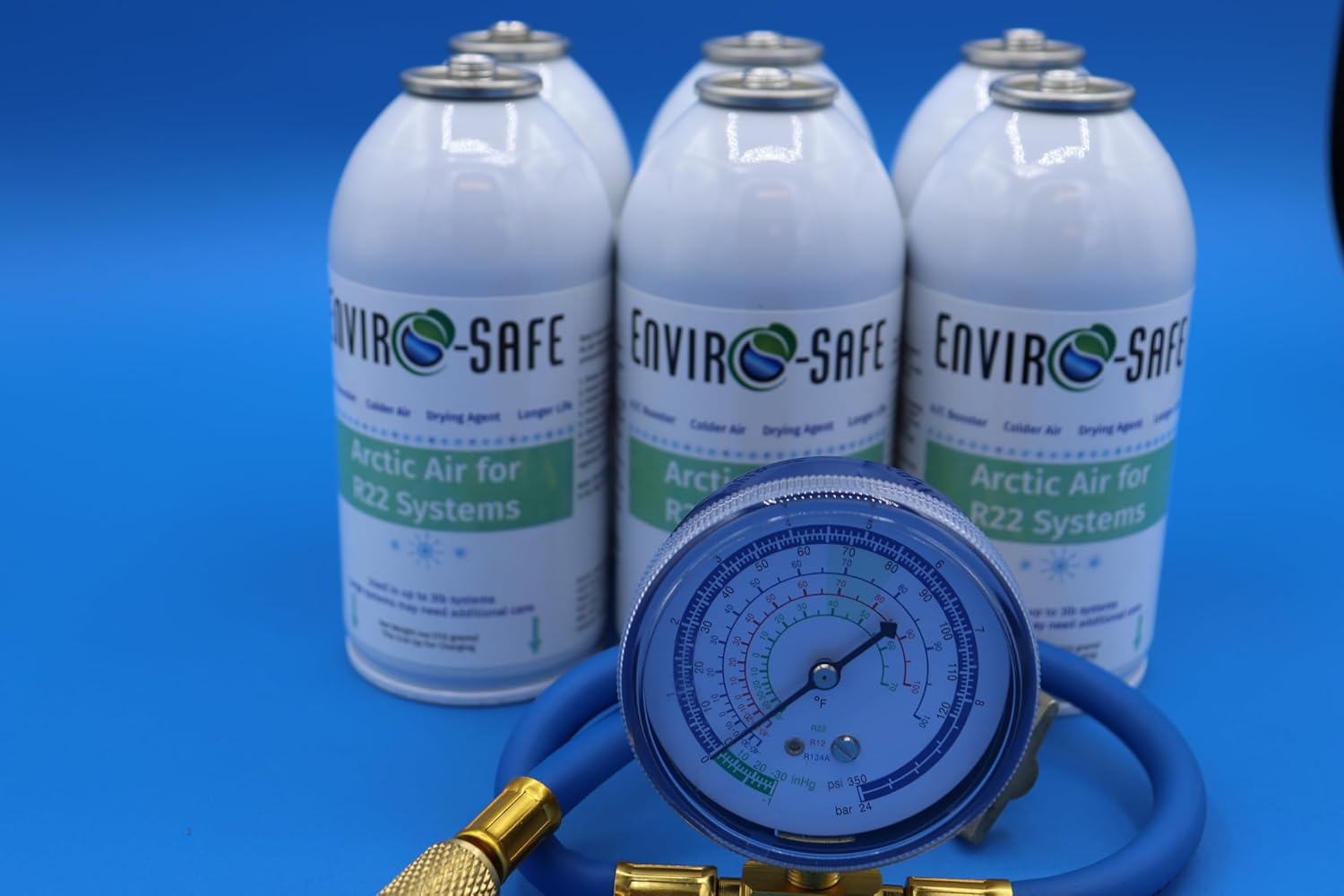 Arctic Air for R22 Systems, 6 Cans & Brass Charging Gauge, Envirosafe, White