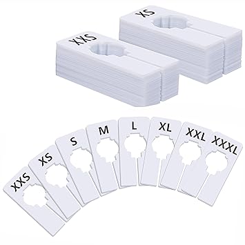 40 Pack Rectangular White Plastic Clothing Size Closet Rack Dividers Hangers, Preprinted in 8 Sizes XXS, XS, S, M, L, XL, XXL, XXXL (2.5?x 5?, Inner Diameter 1.38?)
