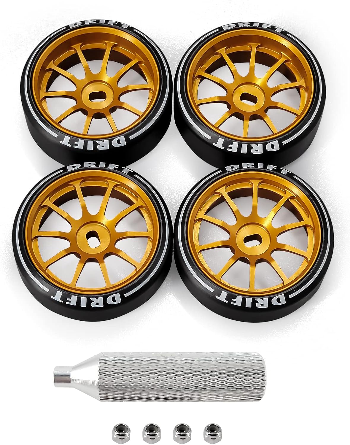 10 Spoke Rc Drift Wheels &Tires for 1/24 1/28 Wltoys, [2N+2W] 4 Pcs Aluminum Alloy Rims with Rc Drift Car Tires for 1/24 1/28 Mini-Q HGD1 HGV1 Upgrade Parts (Gold with Logo Tires)
