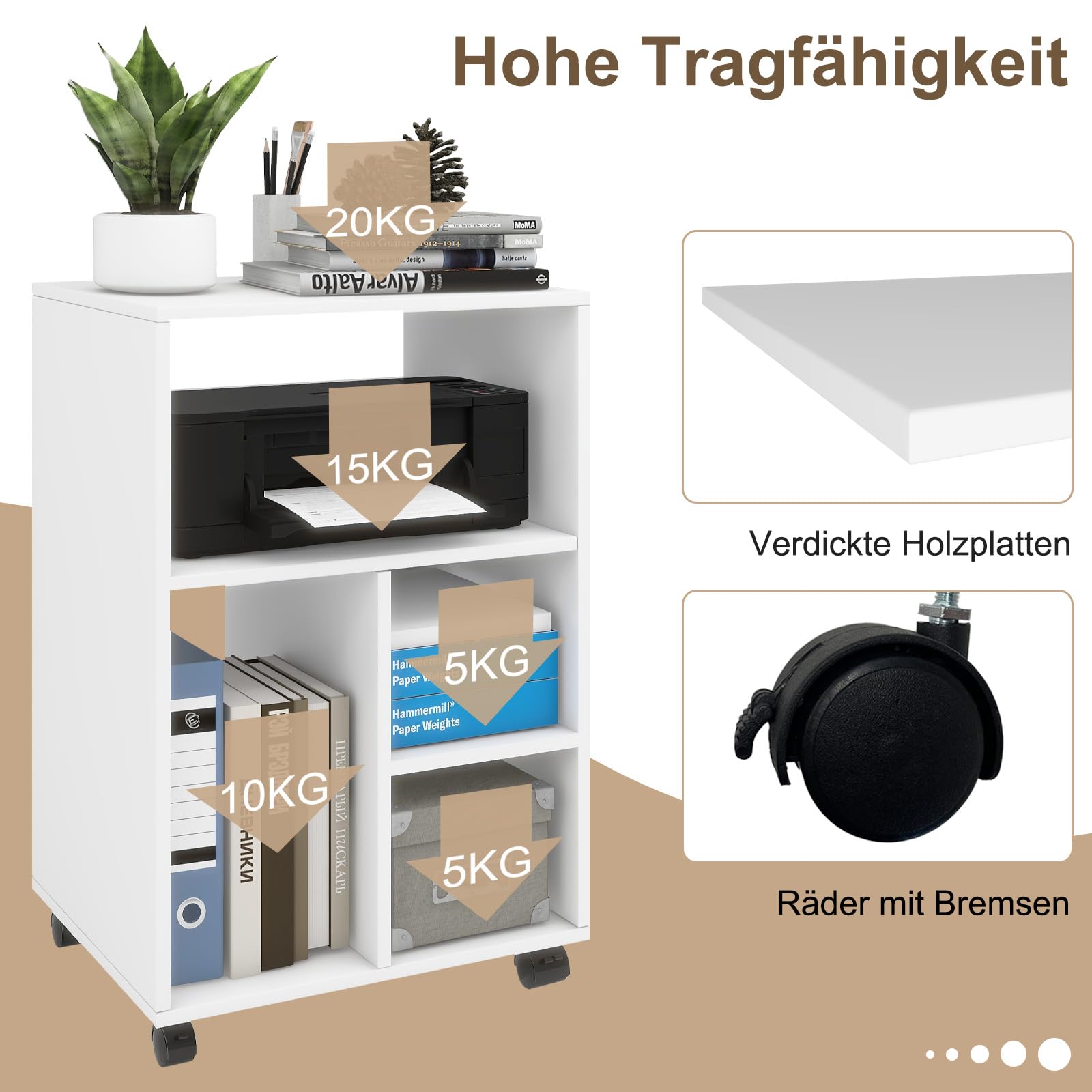 PUNCIA Aktenschrank auf Rollen mit 4 Ablage Druckerständer Rollcontainer | Mobiler Büroschrank aus Holz verstellbar für Akten Dokumente DIN A4 Bürowagen für Büro Office Zuhause Arbeitszimmer Weiß