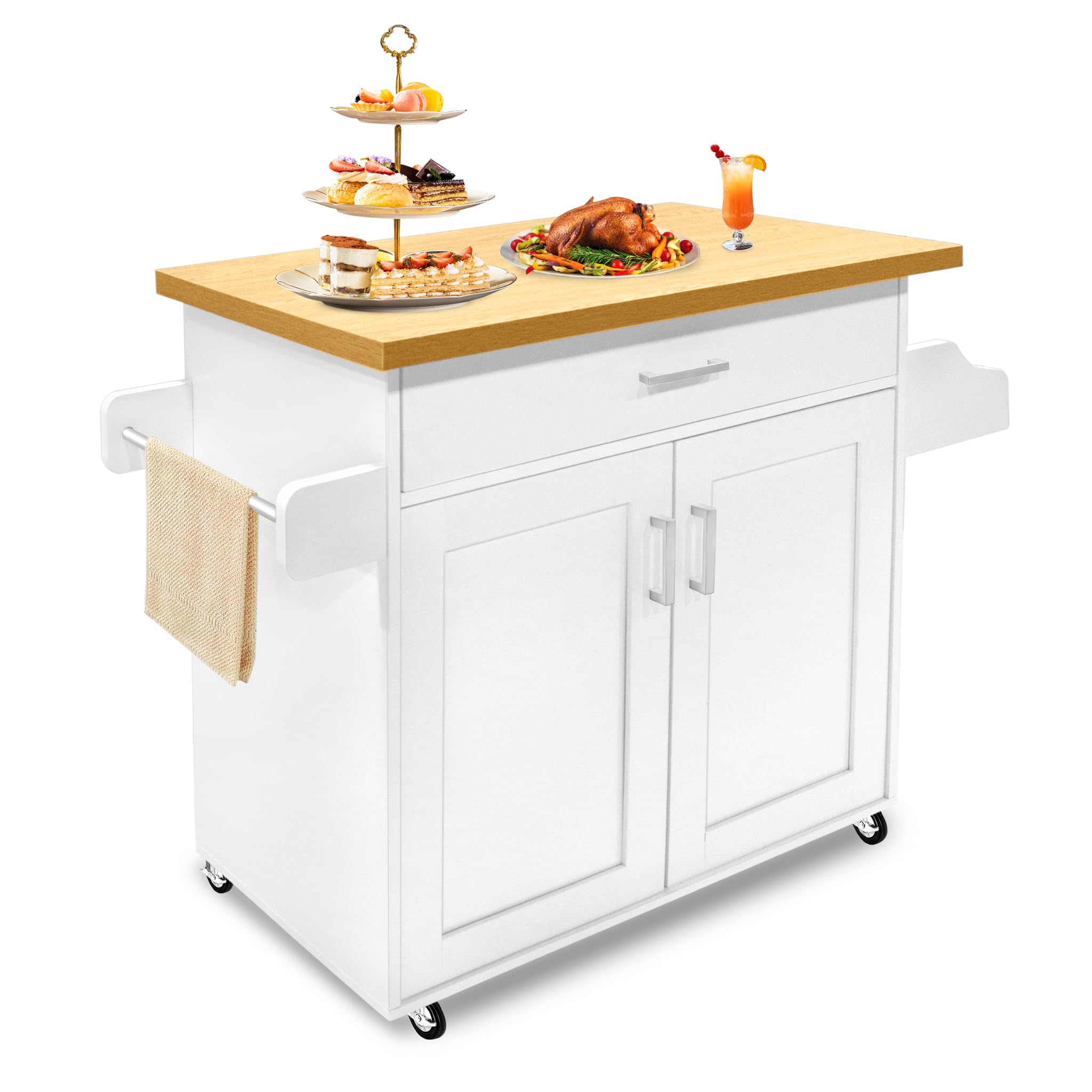FIVMEN Carrello da Cucina con Ruote e Piano di Lavoro, Carrello Servizio in Legno con Portasciugamani e Portaspezie, Mobile Credenza Cucina Bianco, 115x90x36 cm