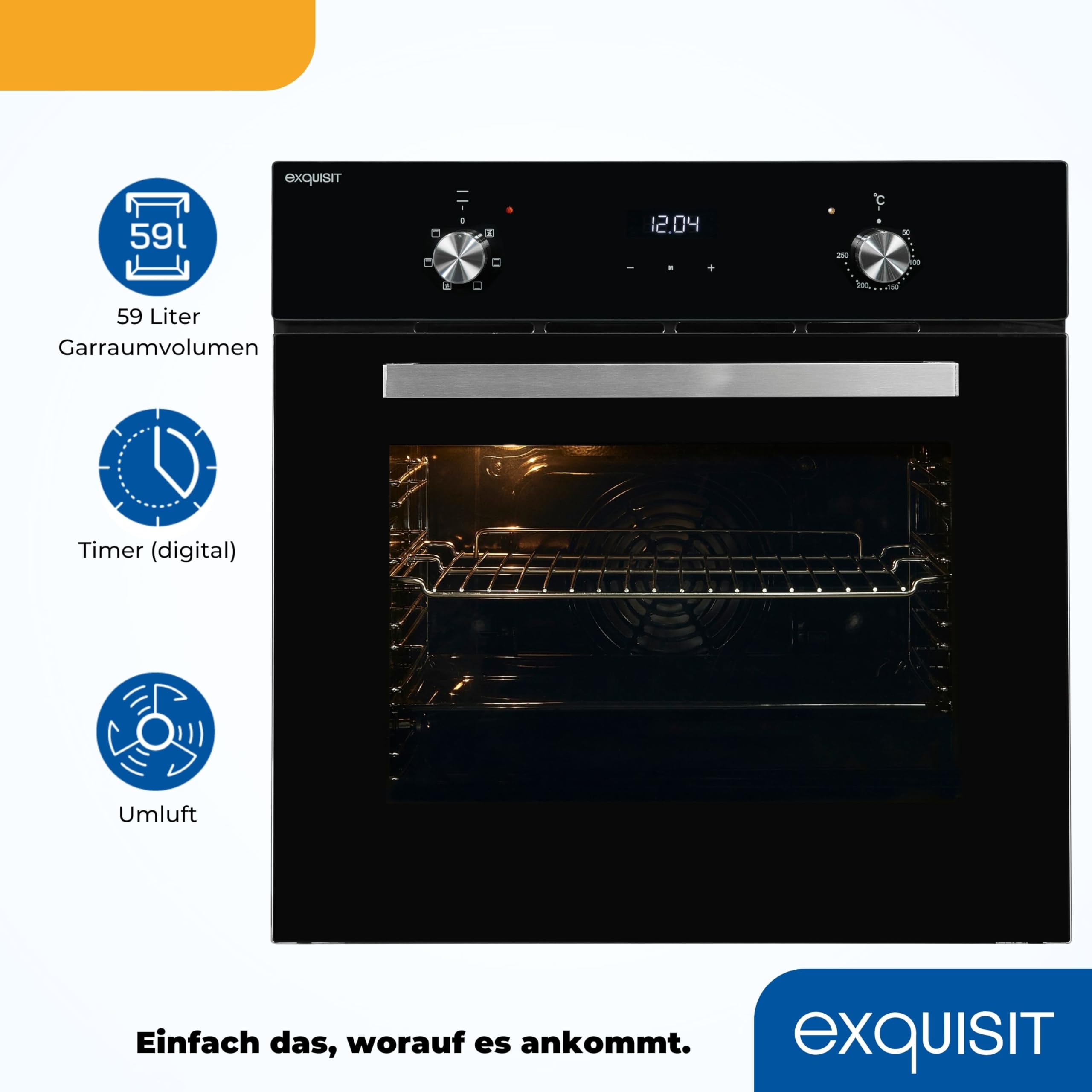 Exquisit EBE 657-2U Einbaubackofen | 59 L Backofenvolumen | Heißluft | Teleskopauszüge | Schwarz