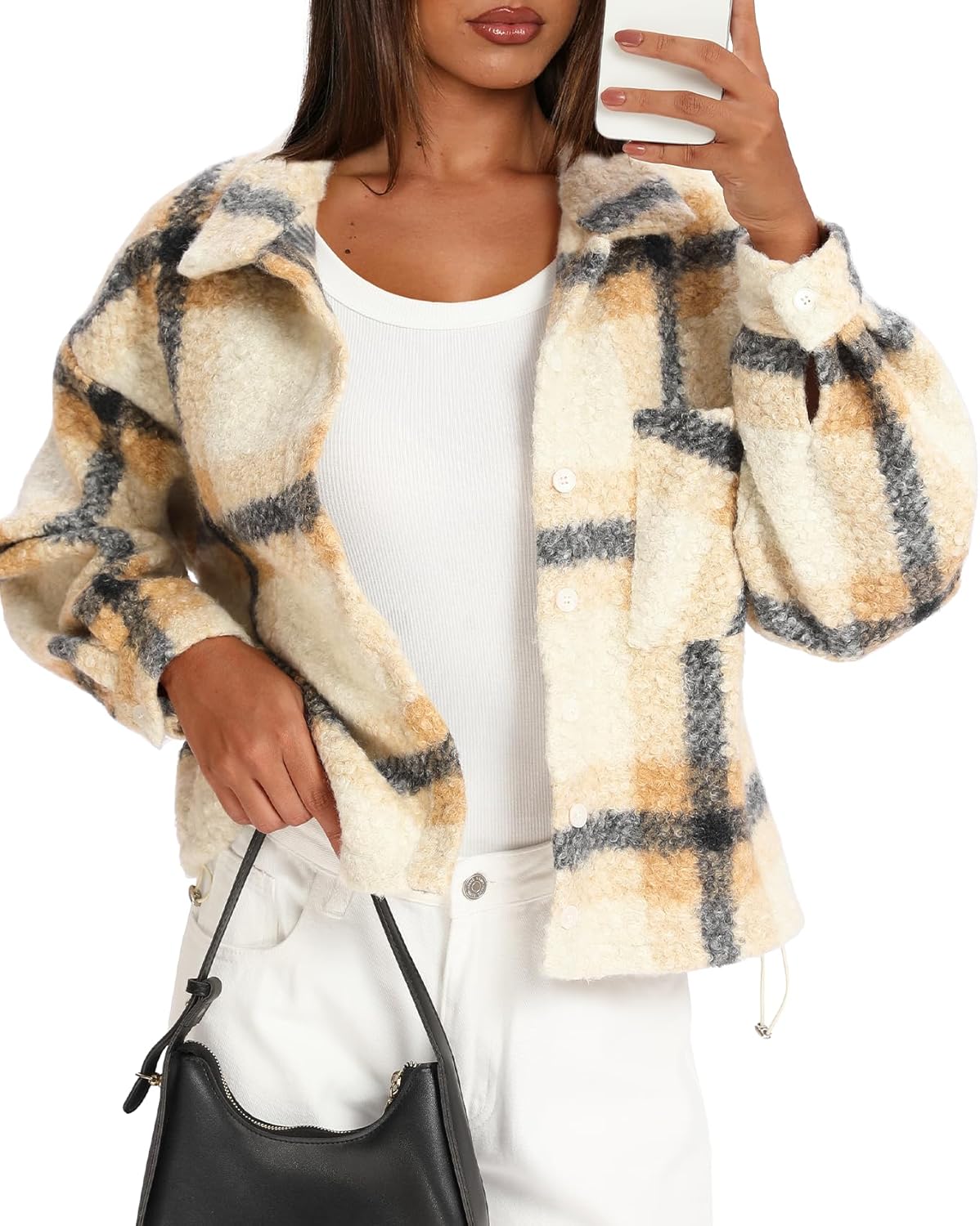 Darong Women's Cropped Fuzzy Fleece Jacket Shacket Button Down Plaid Leopard Jackets Warm Winter Soft Cozy Coat