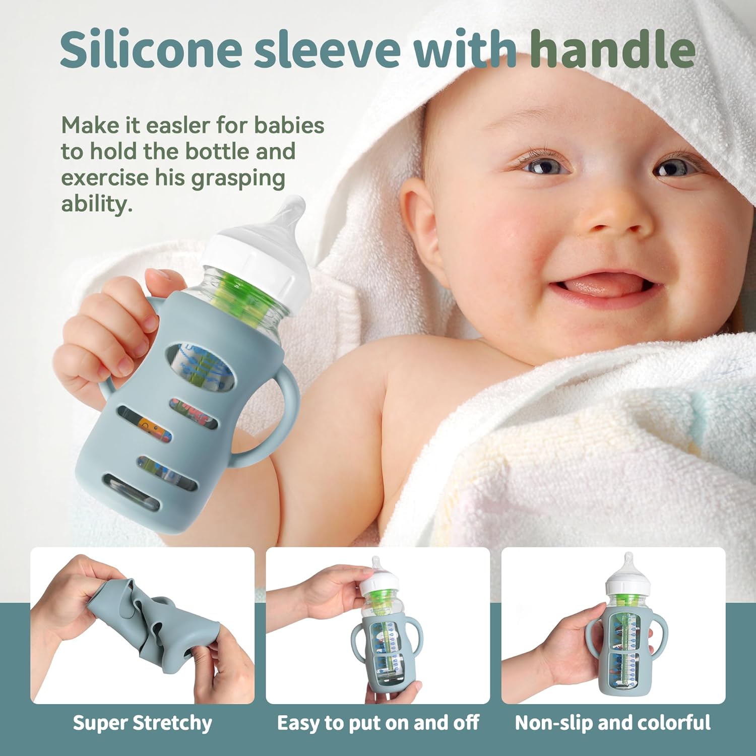 3 Pack Silicone Sleeves for Dr Brown Wide-Neck Glass Baby Bottles, Food GradeAnti Breakage Baby Bottle Holder with Handles and 3pcs Travel Bottle Caps, 9oz - Image 5