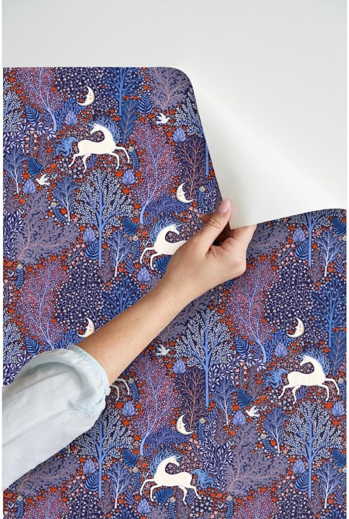 Peel & Stick Wallpaper 6ft x 2ft - Unicorns Forest Flowers Floral Unicorn Horses Scandinavian Folk Custom Removable Wallpaper by Spoonflower