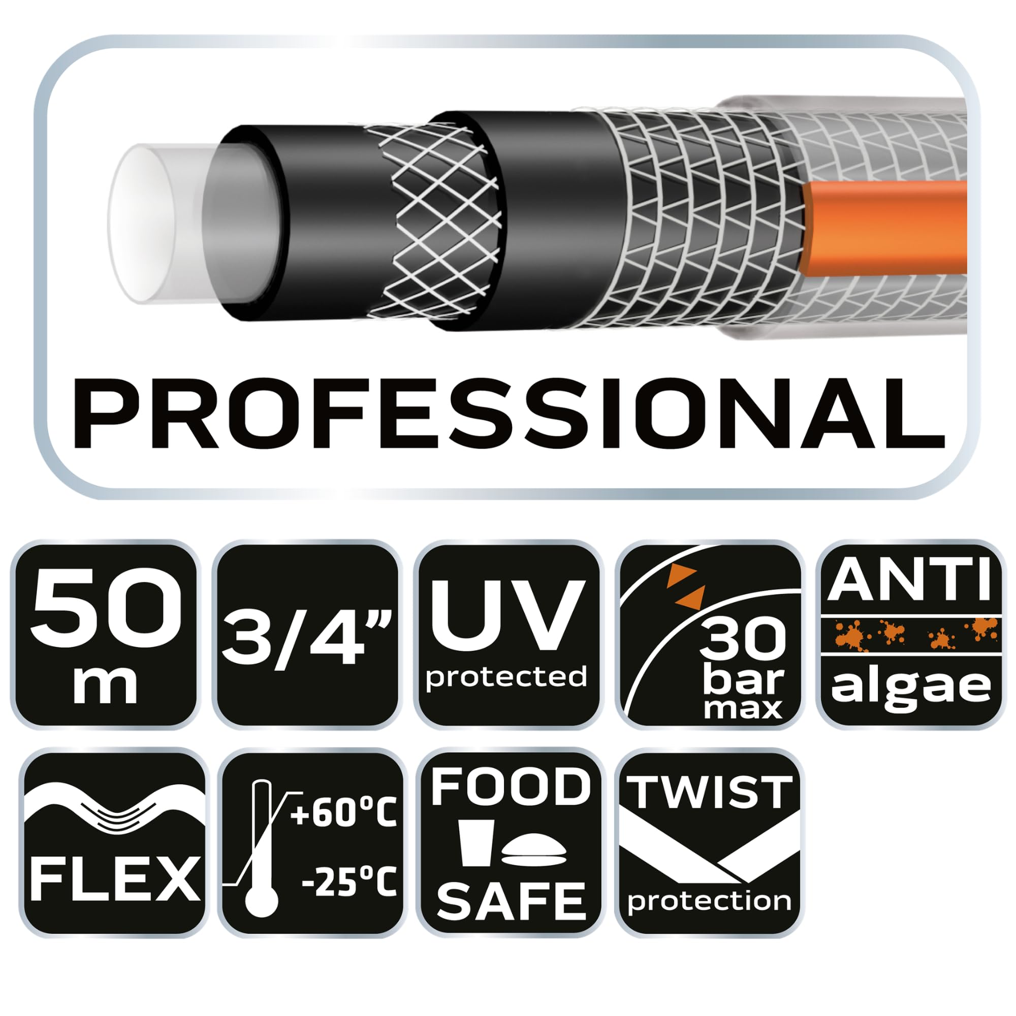 NEO TOOLS Manguera de jardín Profesional de 6 Capas, 1/2"o 3/4" | PVC, Reforzado con Cruz de poliéster y Tejido Tricot | Food Safe: Apto para Agua Potable | Diferentes diseños