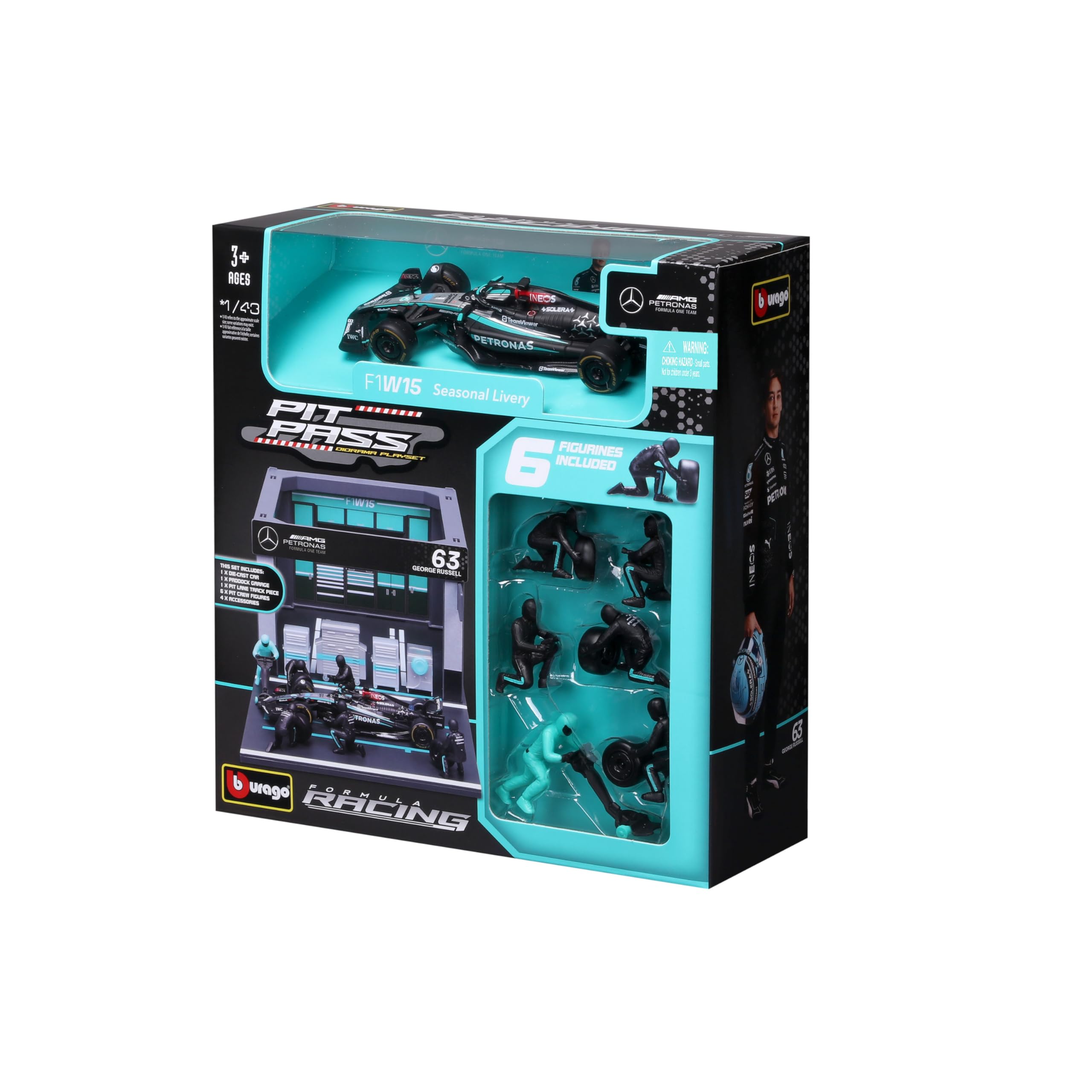MERCEDES GP F1 W14 EQ PERFORMANCE DIORAMA GARAGE PIT-STOP TEAM AMG PETRONAS MOTORSPORT N 63 SEASON 2023 GEORGE RUSSELL WITH CREW FIGURE AND ACCESSORIES BLACK SILVER GREEN