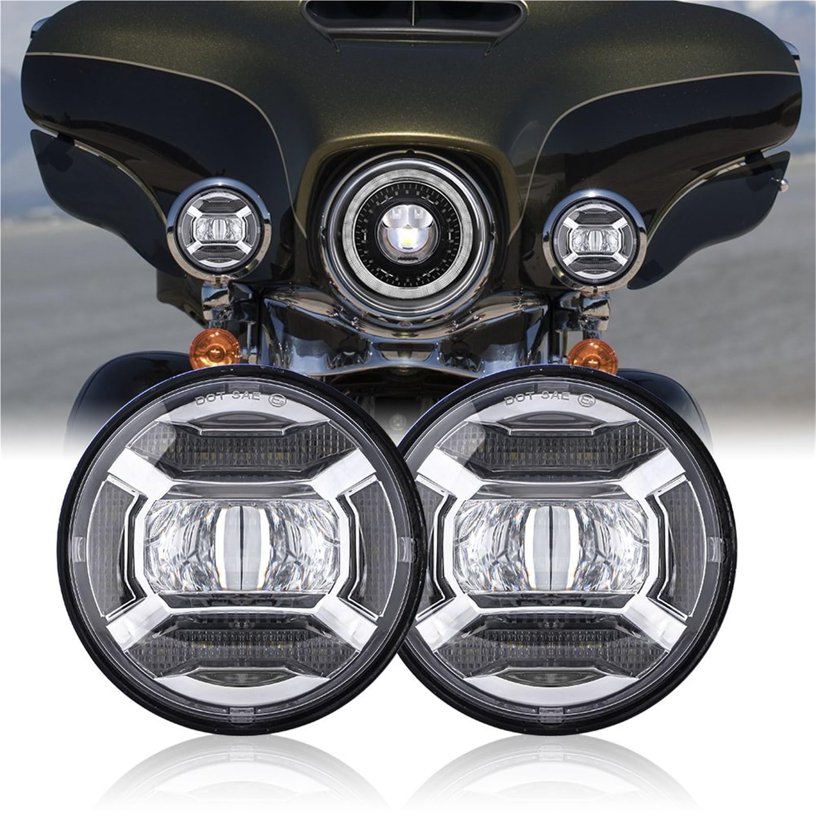 Faro Moto Per FLHTCU Per FLHTK Per FLHR LED Fendinebbia | Proiettore Fendinebbia LED Rotondi 4,5 Pollici Proiettore Ausiliario Moto Faro Fendinebbia Per Moto Con DRL Per Road King