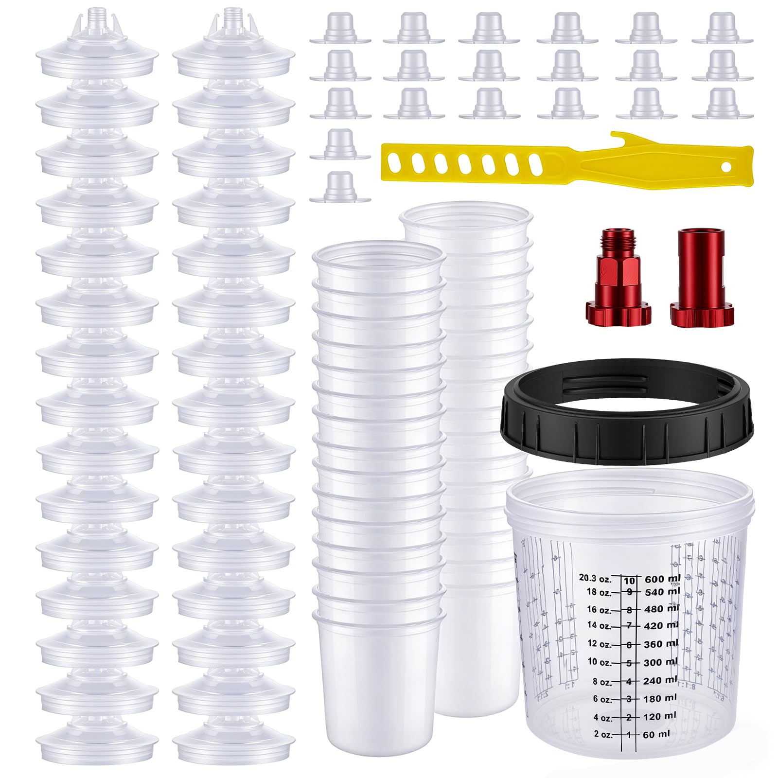 50x 600ml Einweg-Becher für Farbsprühpistole, Farbmischbecher mit 125μm Filterdeckel & 2 Adaptern, 20 Verschlussstopfen, 1 Hartbecher, Rührstab – für Lackierbedarf, Grundierung, Klarlack