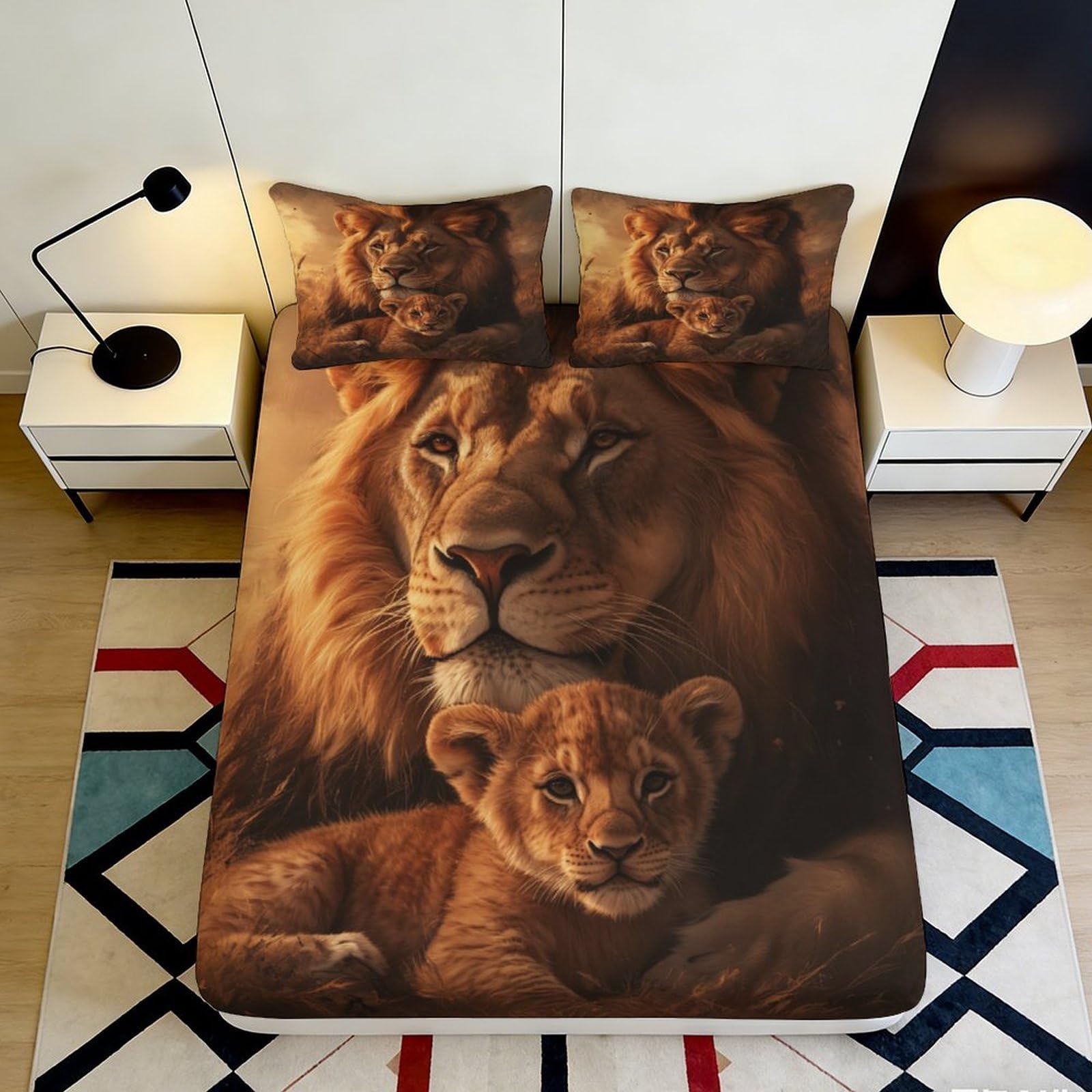 3D Printed Lion and Cub Fitted Sheet Microfiber Soft Durable 3D Printed Lion Family Bed Cover for Bedroom Dormitory Guest Room Mattress Protection 200x200x25cm