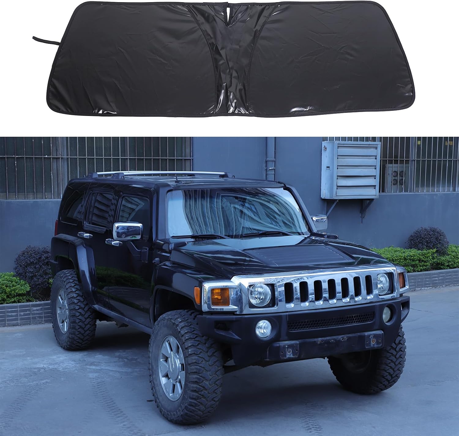 Car Windshield Sun Shade with Storage Pouch Compatible with Hummer, Reflective 240T Material Sun Visor with Mirror Cut-Out, Foldable Sun Shield for Heat and UV Protection (for H3 2005-2009 Black)
