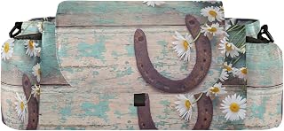 CUPADA Rustic Horseshoe Daisies Flower Universal Stroller Organizer with Cup Holders, Old Wooden Boards Stroller Organizer Bag and Removable Shoulder Strap Fits Most Baby and Pet Strollers