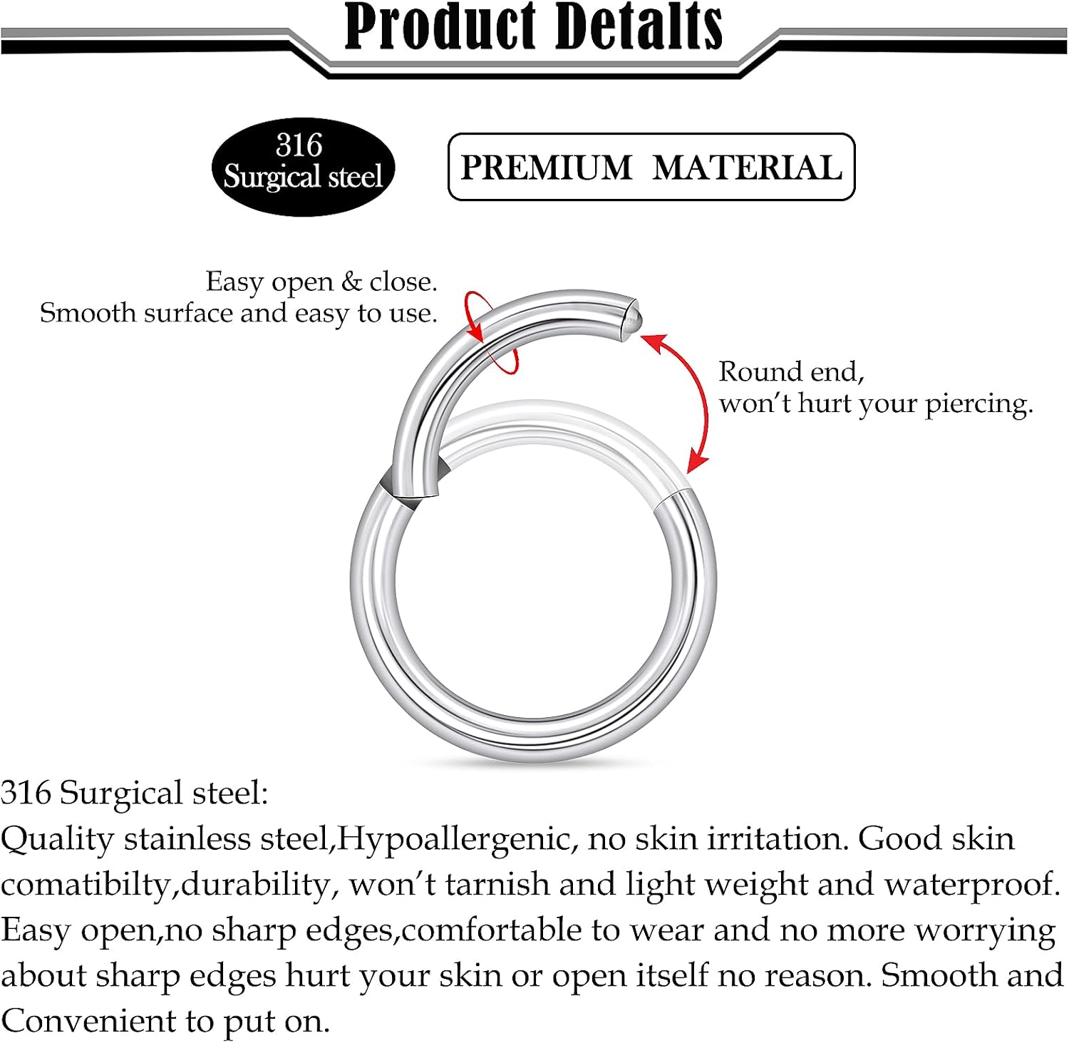 20G-2G Hinged Clicker Septum Nose Rings Hoops 316L Surgical Steel Segment Septum Lip Nipple Ring Cartilage Tragus Helix Sleeper Earrings Piercing Jewelry for Women Men 6mm-19mm