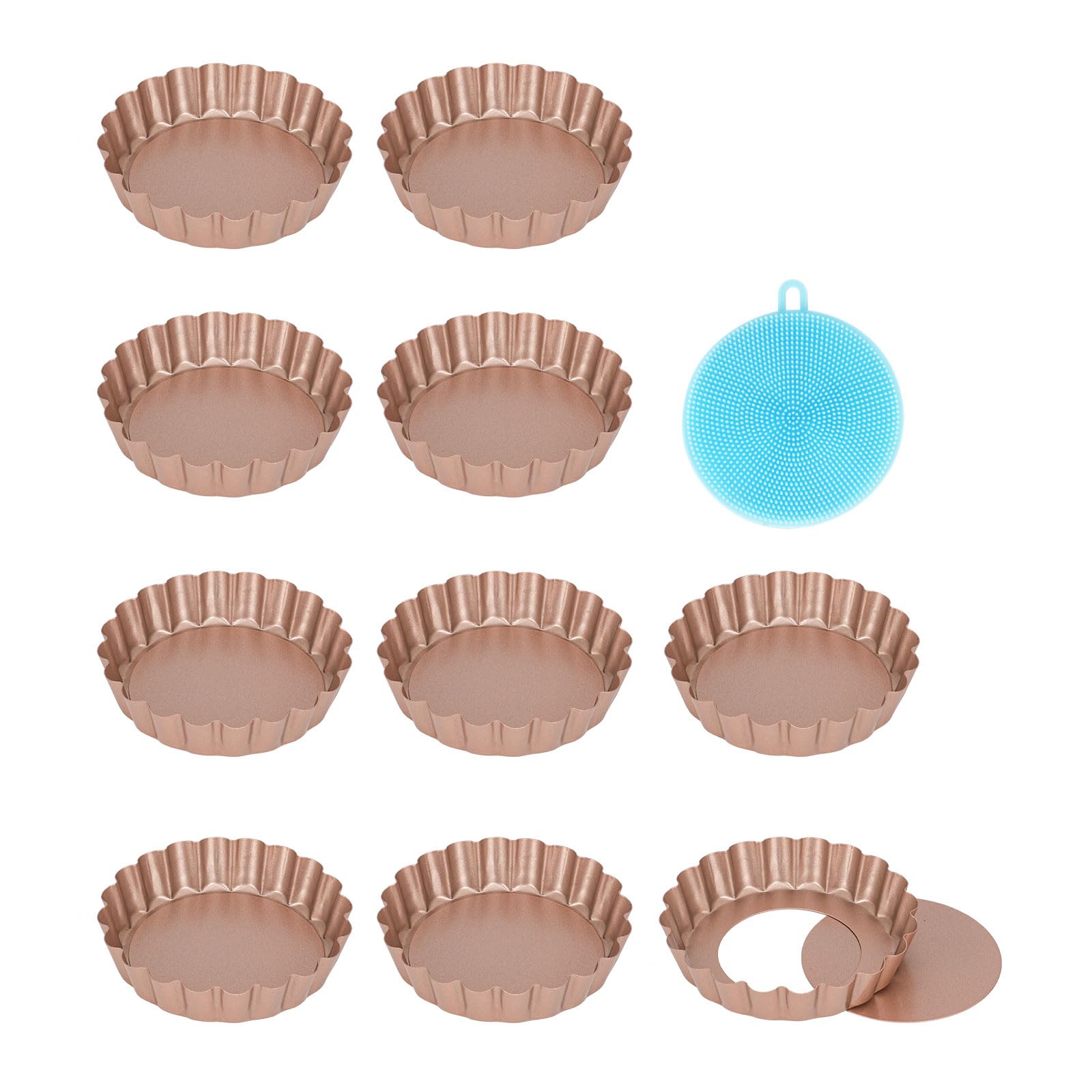 Vnray Mini Tart Pans with Removable Bottom 4 inch Set of 10, Non-stick Round Quiche Pan Heavy Duty Carbon Steel for Mousse Cakes, Christmas Dessert Baking with Silicone Scrubber(Golden)