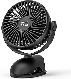 Minthouz Tischventilator mit Clip, 7200mAh Wiederaufladbarer USB Ventilator, 4 Geschwindigkeiten und 360° Drehung Mini Ventilator, Tragbarer Deckenventilator für Büro, Camping, Kinderwagen, Zuhause