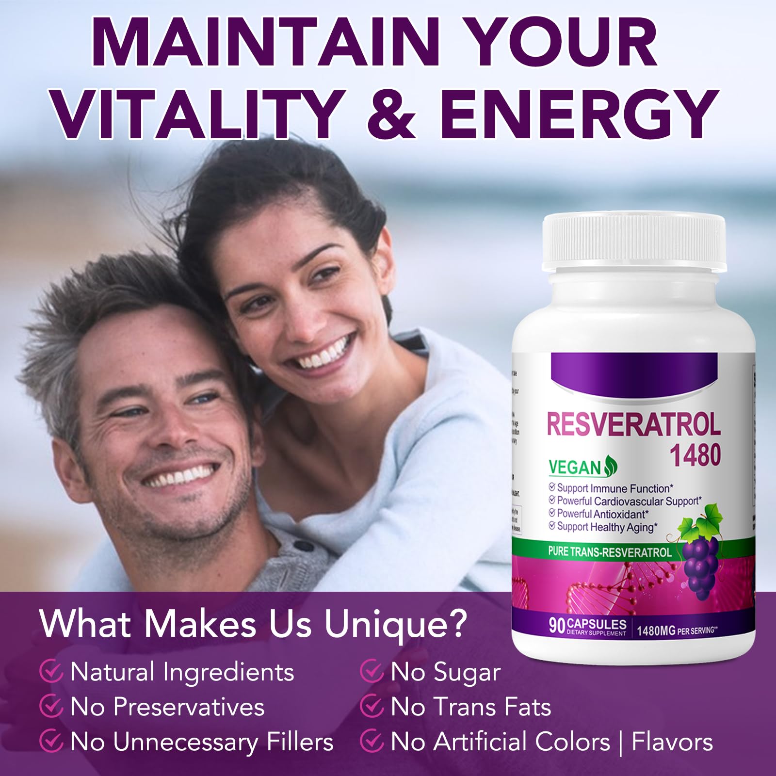 1480mg Resveratrol Kapseln, 1000mg Trans-Resveratrol mit Quercetin 300mg für Herz, Haut und Anti-Aging-Antioxidans I 90 Kapseln