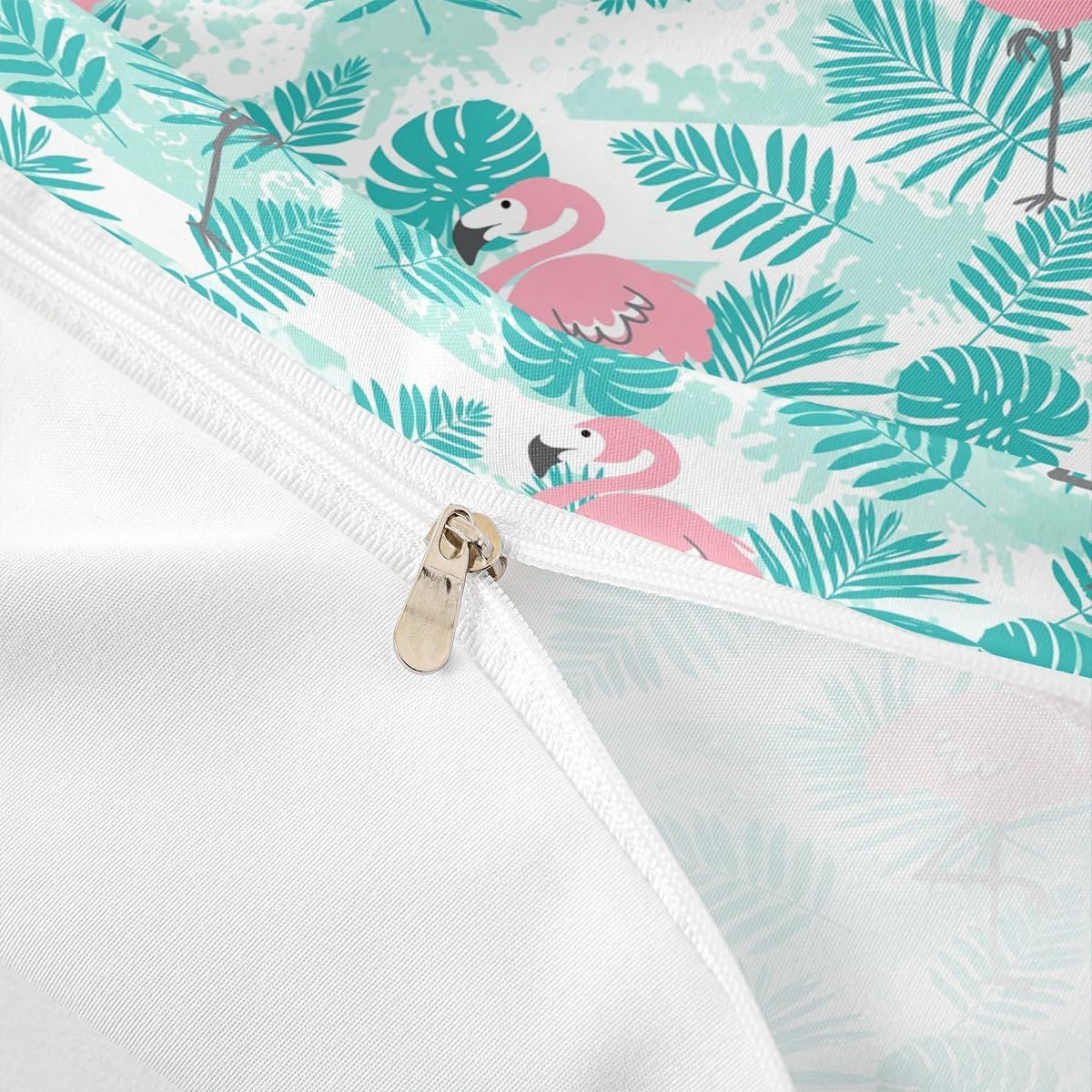 Flamingo Kids Duvet Cover Set Queen Size,Palm Leaves Tropical Plants Bedding Set,Girls Boys Adults Bedroom Decor,Cartoon Animals Stripes Comforter Cover,Pink Romantic Quilt Cover,2 Pillowcases