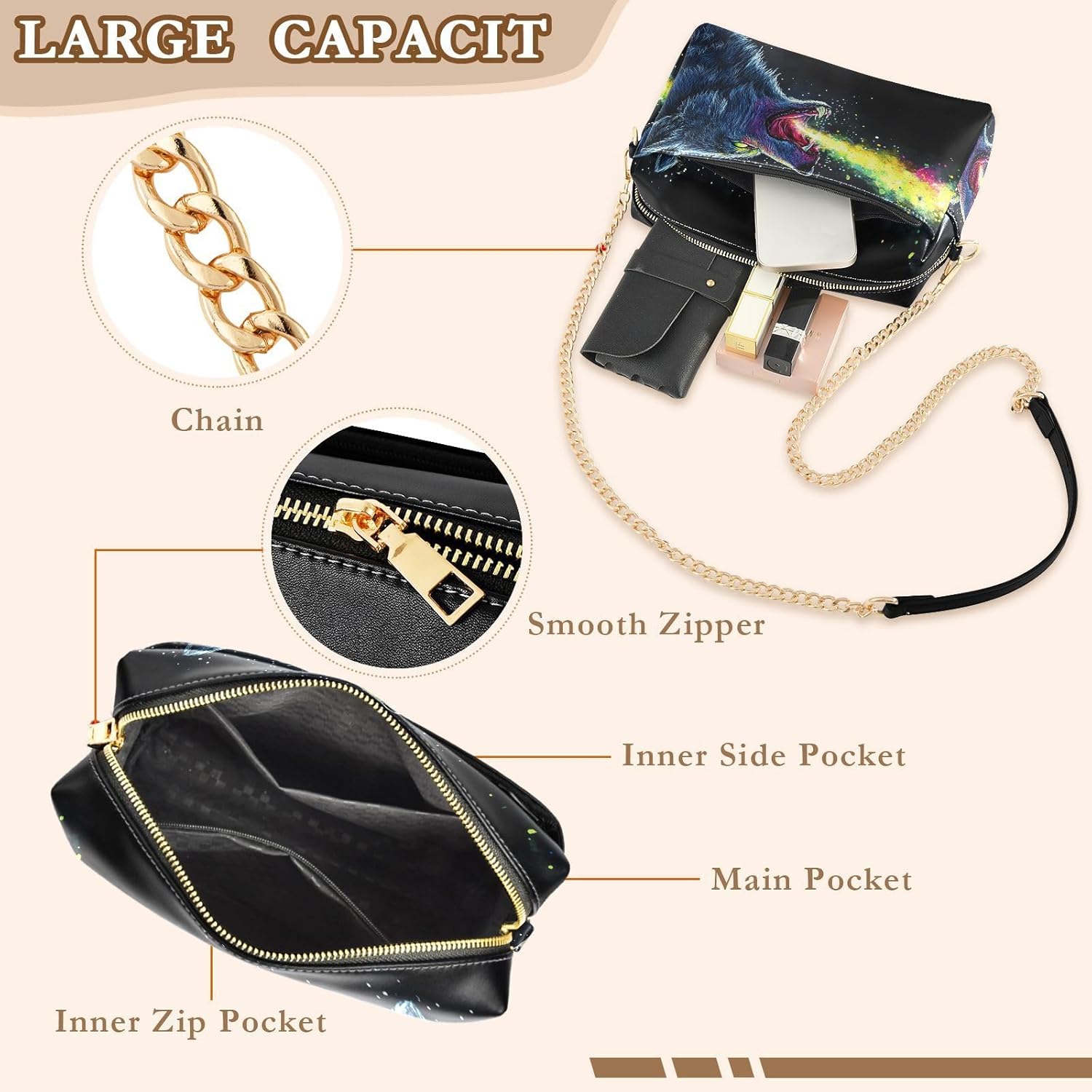 Women Crossbody Bag Shoulder Handbag Cellphone Purse Rainbow Wolf Print, PU Leather Metal Chain Strap Water Resistant Zipper Closure