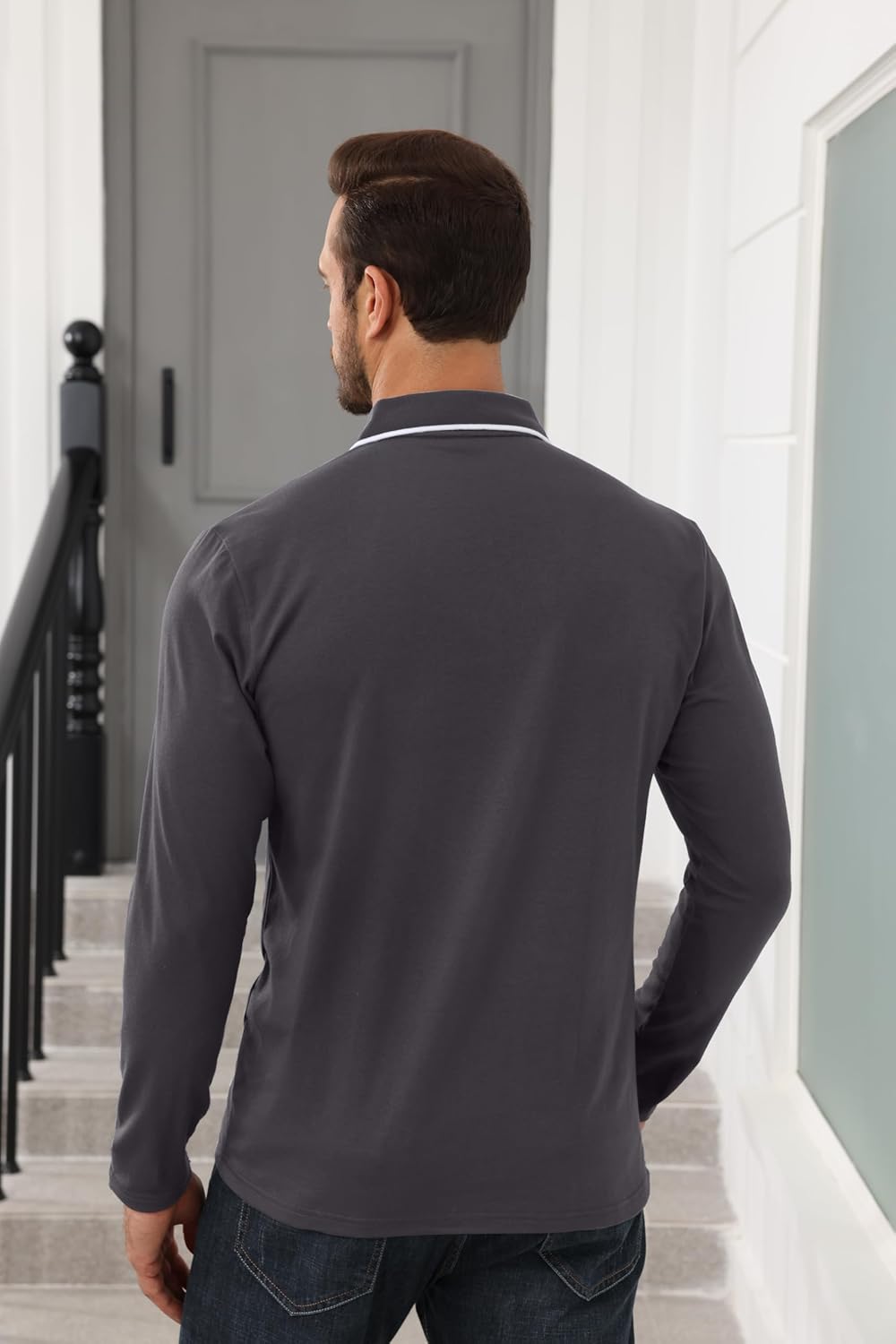 Mens Polo Shirts Long Sleeve Casual Stylish Collared Button Solid Color Golf T Shirts with Pocket - Image 3