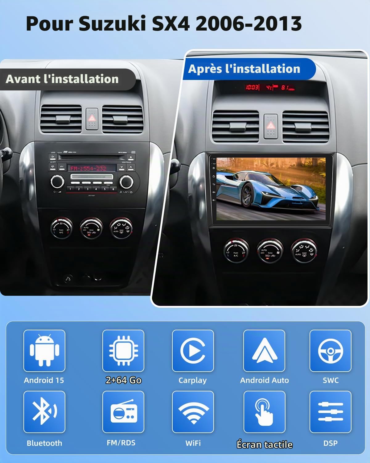 NHOPEEW Autoradio Android 2G+64G pour Suzuki SX4 2006-2013 - sans Fil Carplay & Android Auto - Stéréo Android 9 Pouces avec WiFi EQ GPS Mirror Link FM RDS + AHD Caméra de recul&Mic