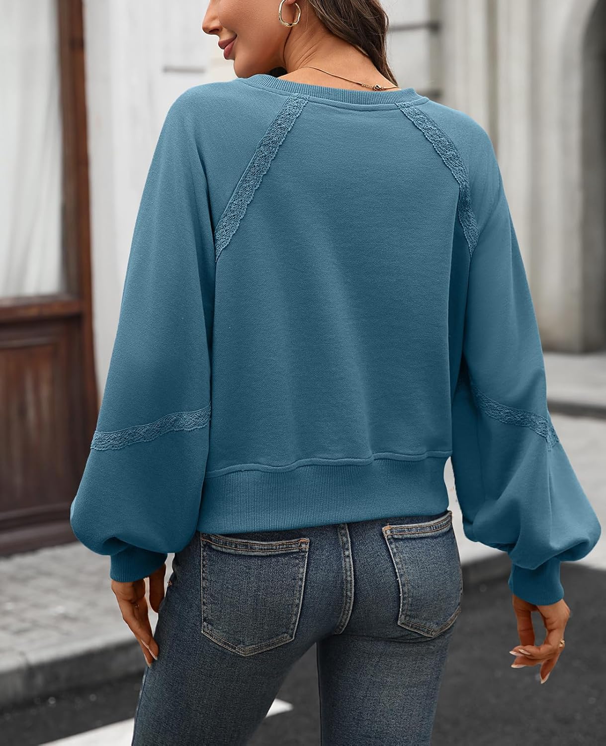 Women's Cropped Sweatshirt Oversized Lace Lantern Long Sleeve Crewneck Cotton 2025 Loose Fit Pullover - Image 2