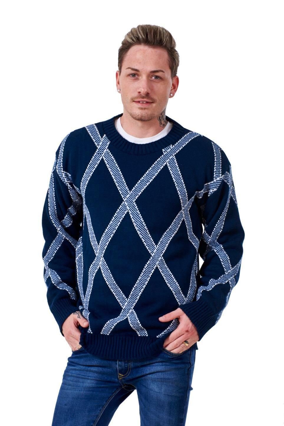 Malay New Mens Knitted Jumper Cross Knit Pullover Casual Warm Sweater Top M to 5XL Navy