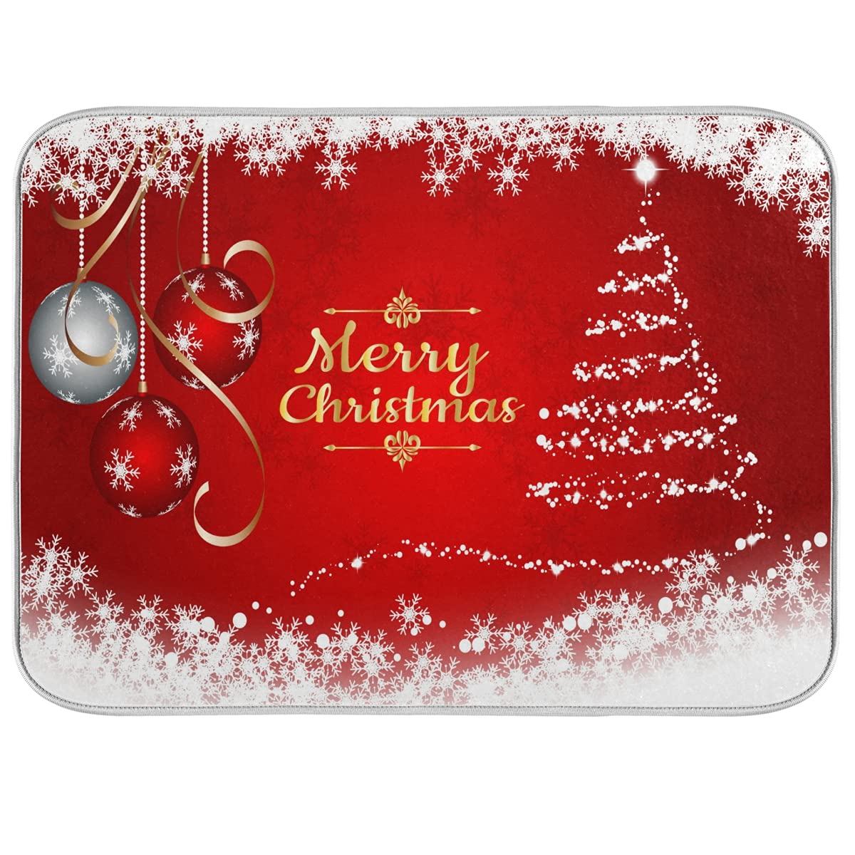 Merry Christmas Tree Dish Drying Mat 18x24 for Kitchen Counter Winter Snowflake Xmas Jingle Bells Drying Mat Pad Absorbent Fast Dry Dishes Draining