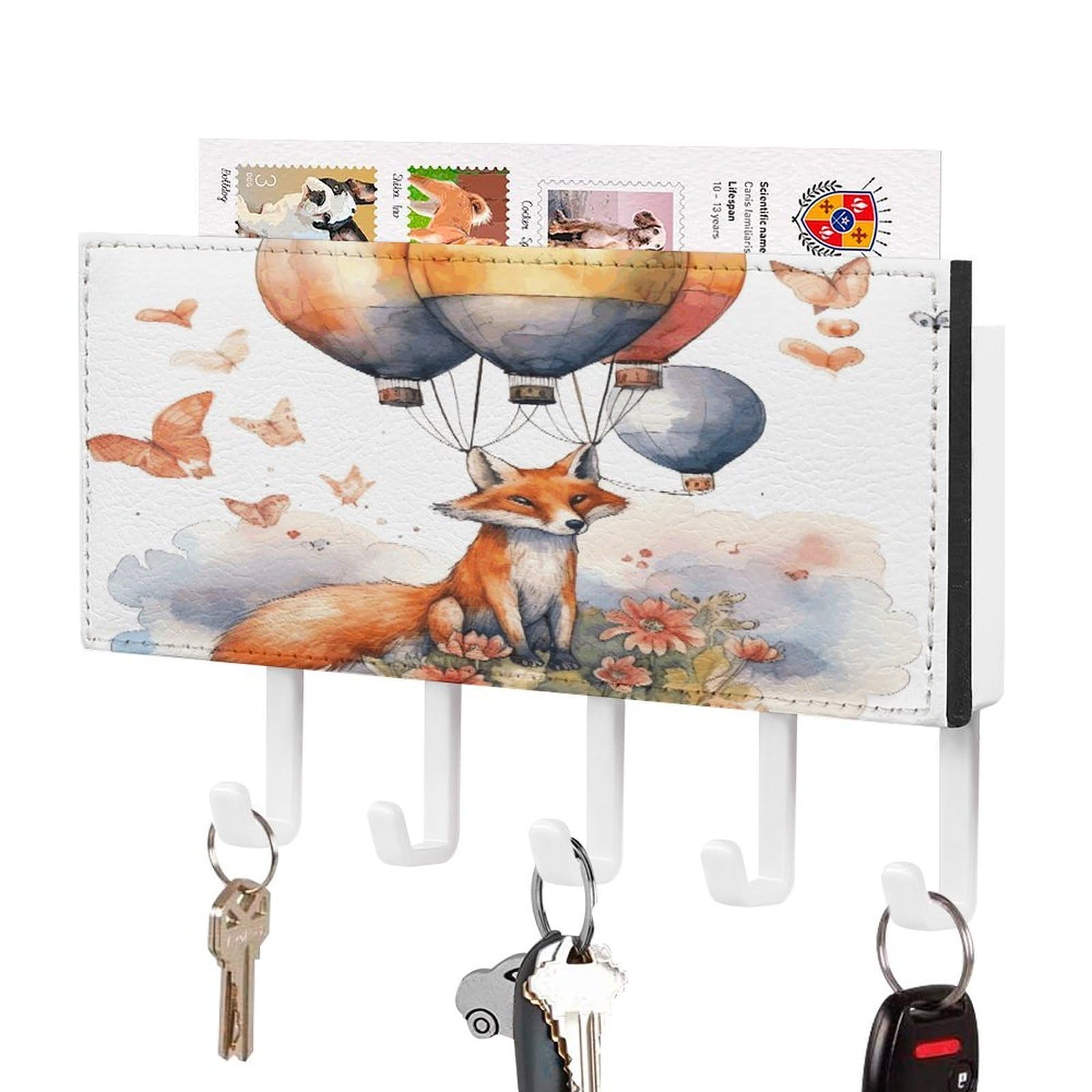 FekiLoot Fox and Hot Air Balloon Key Holder Wall Mount Key and Mail Holder Key Hanger with 5 Hooks Decorative PU Key Rack Hanging Key Hooks for Wall Living Room Kitchen Bathroom Hallway White-Style
