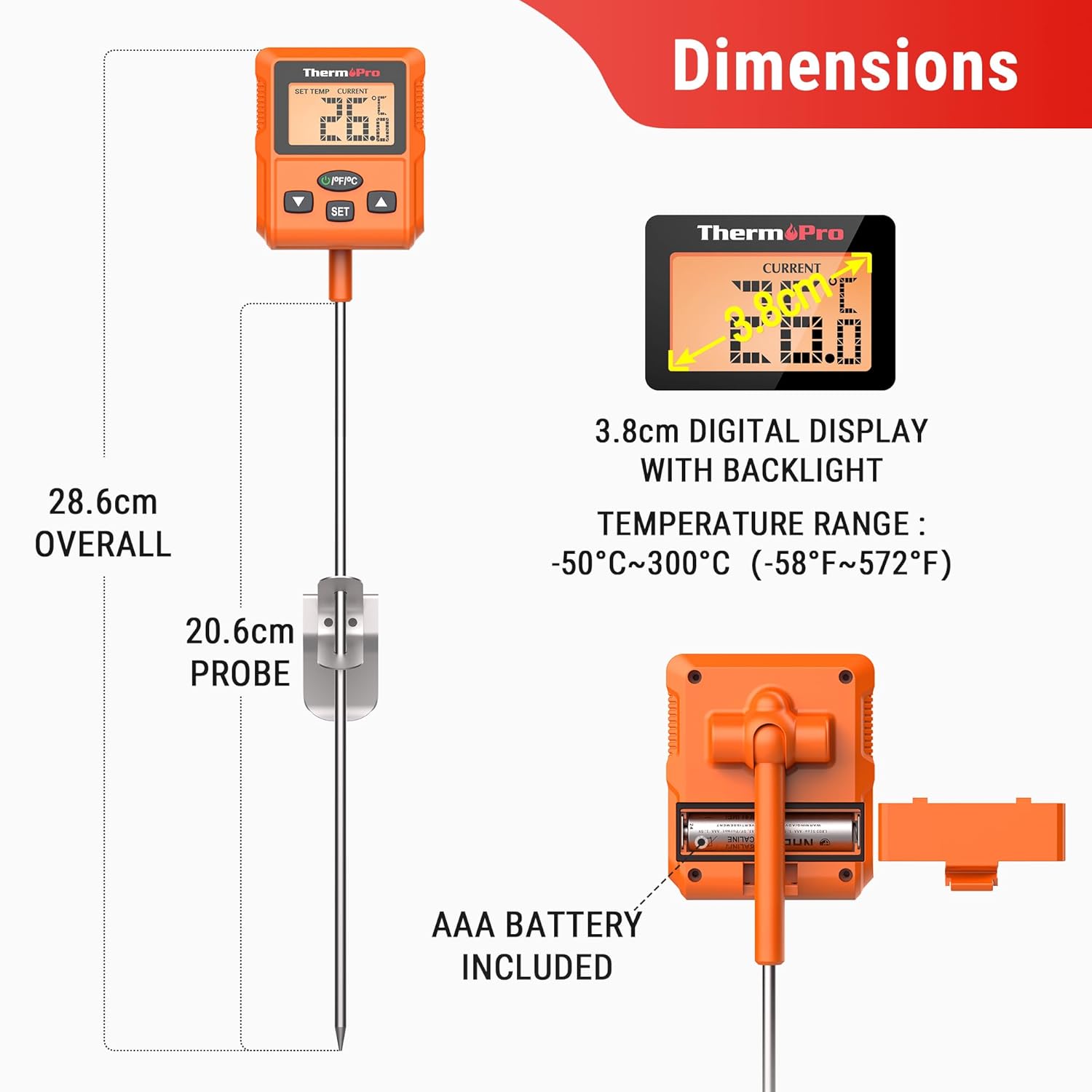 Diagram showing dimensions of ThermoPro TP511 and battery compartment