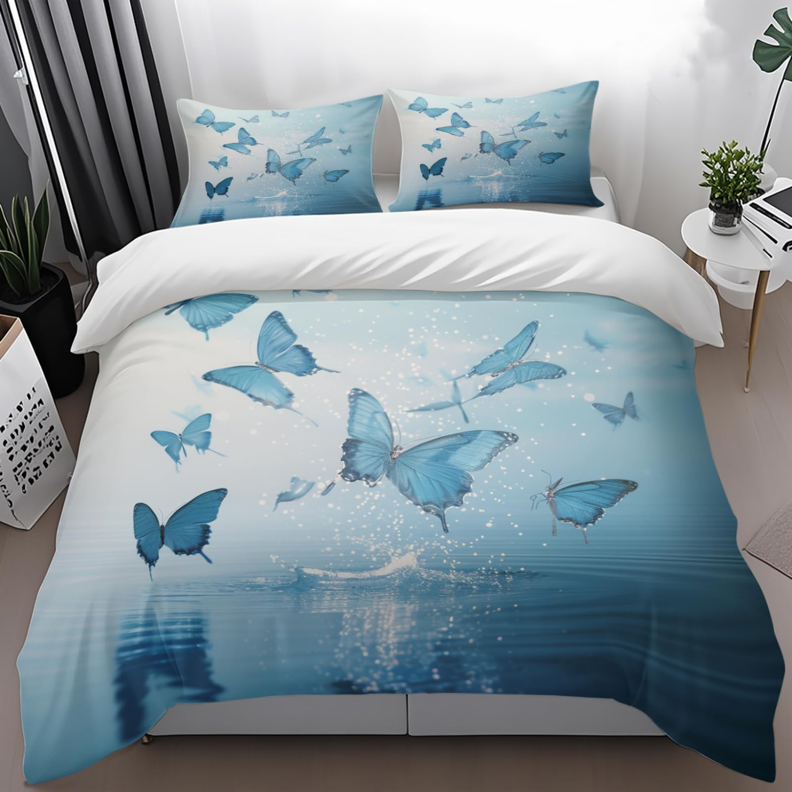 Parure de lit 200x200 microfibres blanche et bleue avec housse de couette et taies