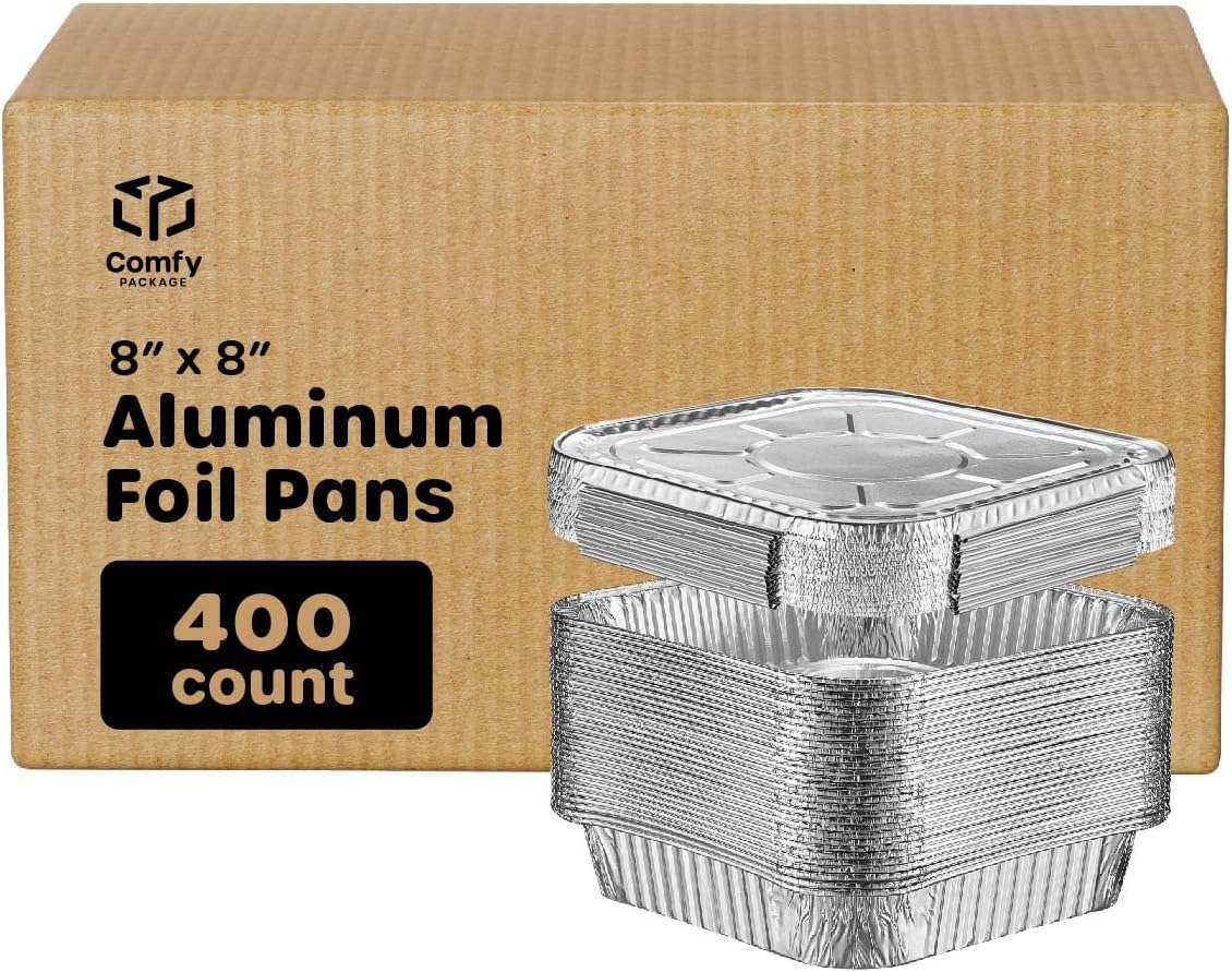 Comfy Package [Case of 400] 8x8 Square Foil Pans - Disposable Food Containers Perfect for Baking, Cooking, Heating, Storing, Broiling, Preparing Food