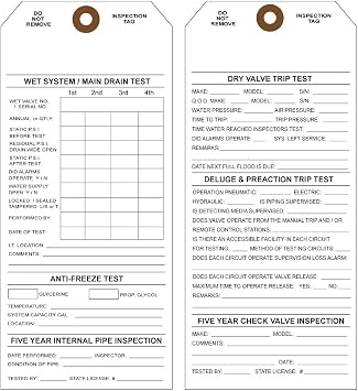 Tags 4 Less Custom Fire Sprinkler Inspection Tags 3-3/4 x 8-1/2 Fire Sprinkler Maintenance Label, Multiple Use, Customizable Printed Labels for Easy Record-Keeping Up to 5 Years Pack of 100