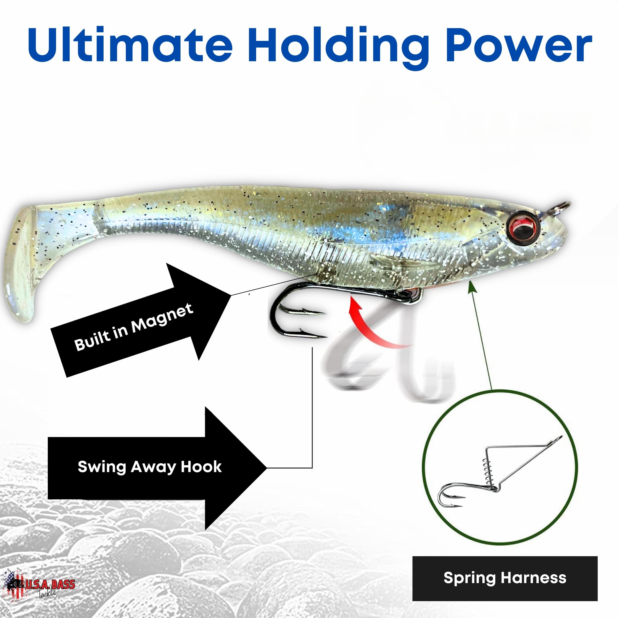 USA Bass Tackle Mag Shad – Duftinfundierter Magnum Paddle Tail Swimbaits Pre Rigged Angelköder Premium-Köder mit starkem Besitzerhaken, Angelausrüstung für riesige Raubfische